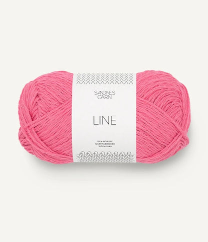 A ball of bright pink coloured cotton/linen/viscose yarn labeled 'Line' by Sandnesgarn