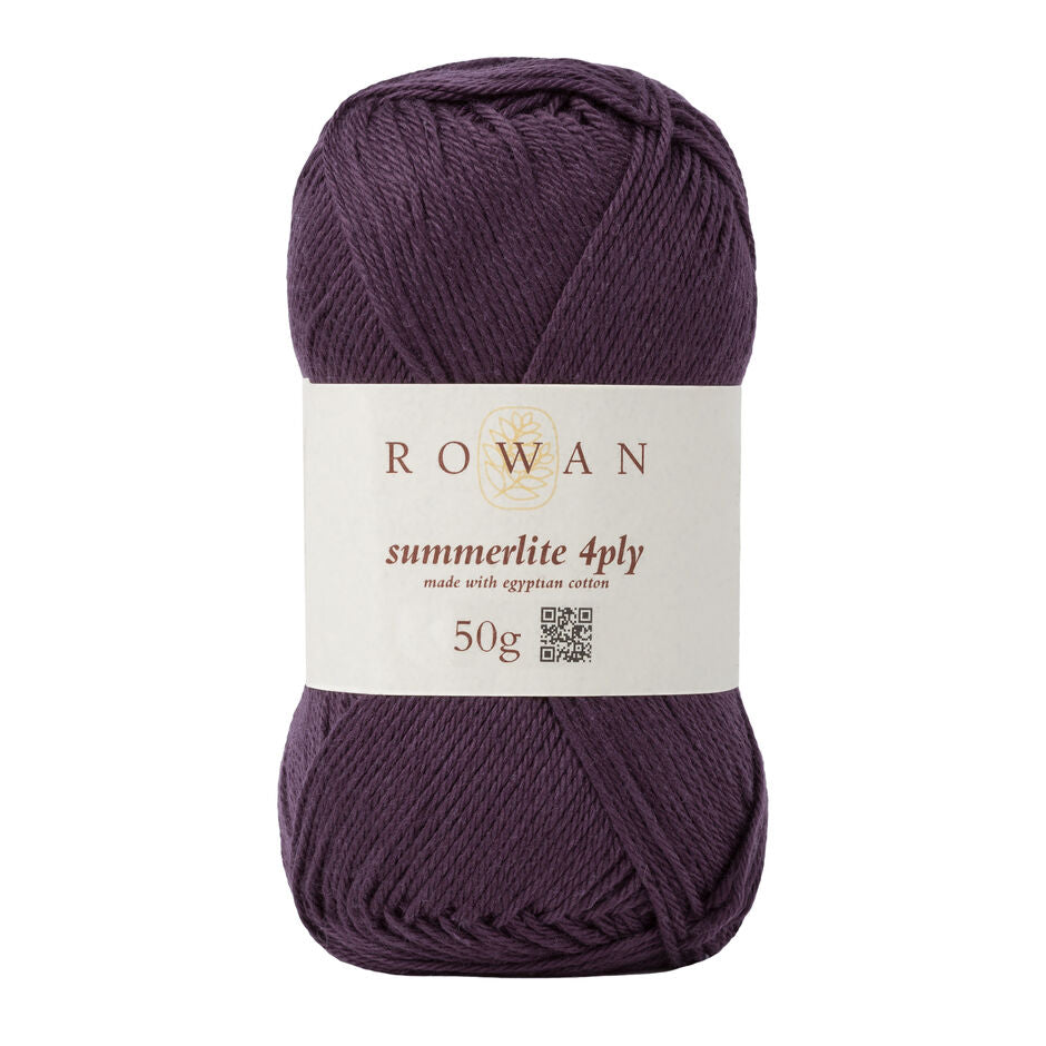 Ball of plum cotton yarn with a Rowan label
