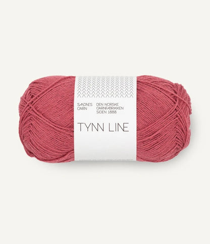 A ball of light raspberry cotton/linen/viscose yarn labeled 'TYNN LINE' by Sandnes Garn