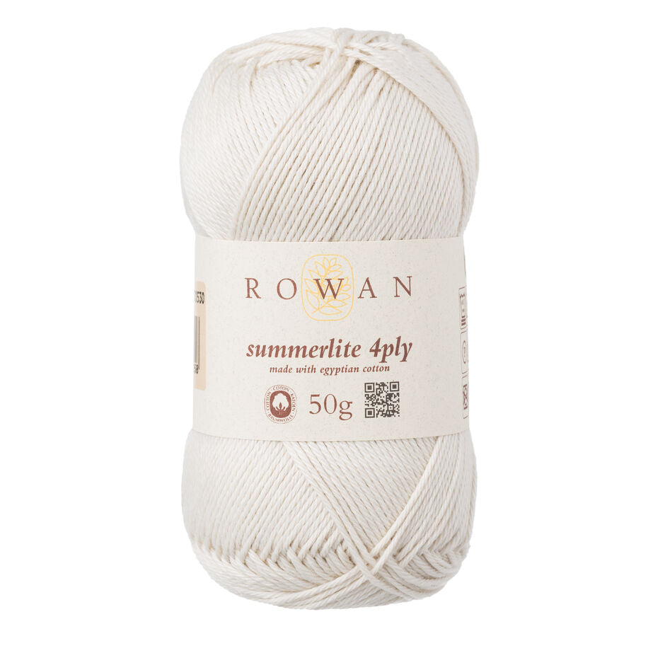 Ball of pale cream cotton yarn with a Rowan label