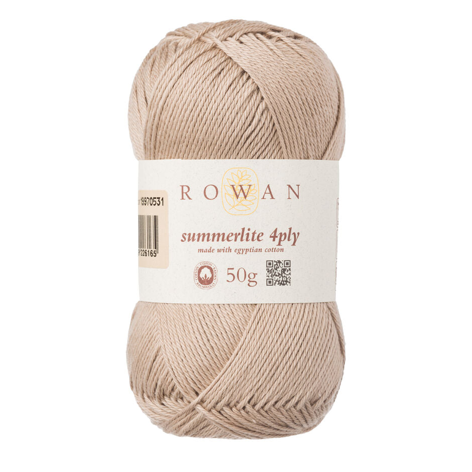 Ball of sand cotton yarn with a Rowan label