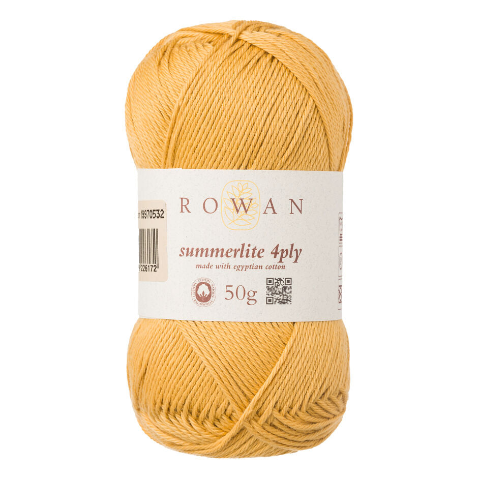 Ball of gold cotton yarn with a Rowan label