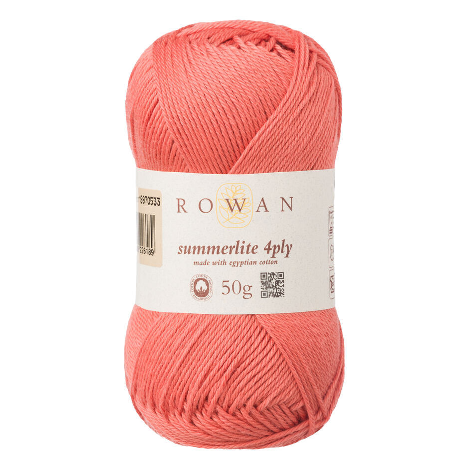 Ball of coral cotton yarn with a Rowan label
