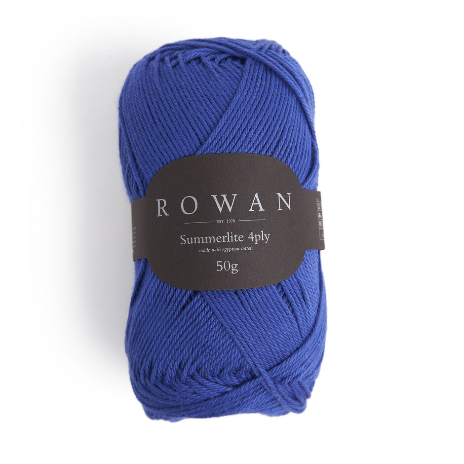 Ball of cobalt cotton yarn with a Rowan label