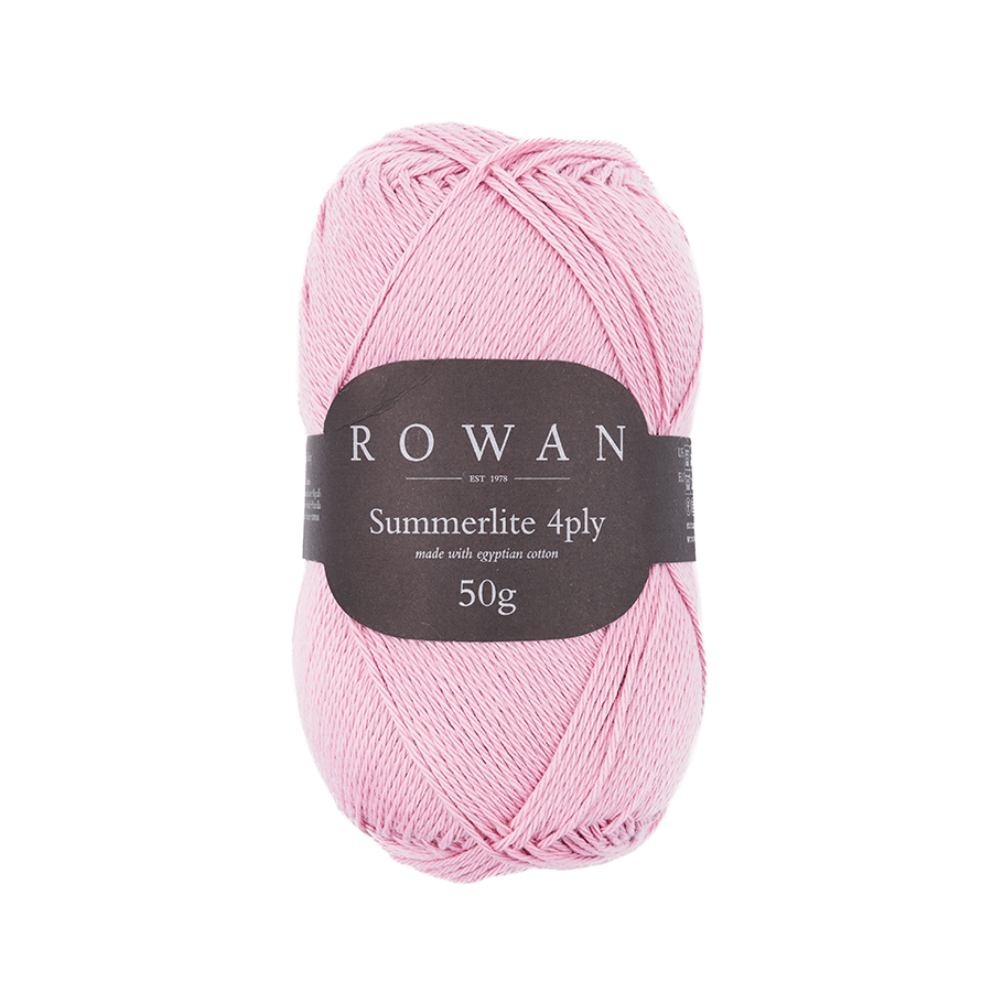 Ball of pale pink cotton yarn with a Rowan label