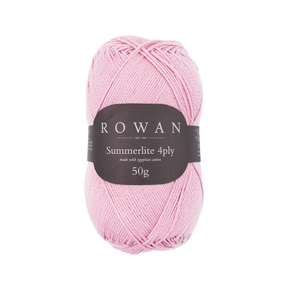 Ball of pale pink cotton yarn with a Rowan label