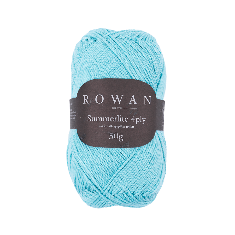 Ball of light teal cotton yarn with a Rowan label