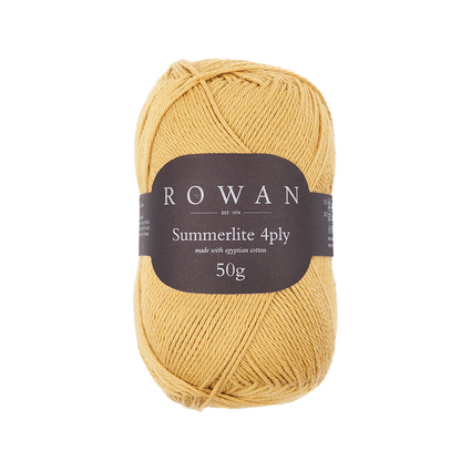 Ball of mustard cotton yarn with a Rowan label