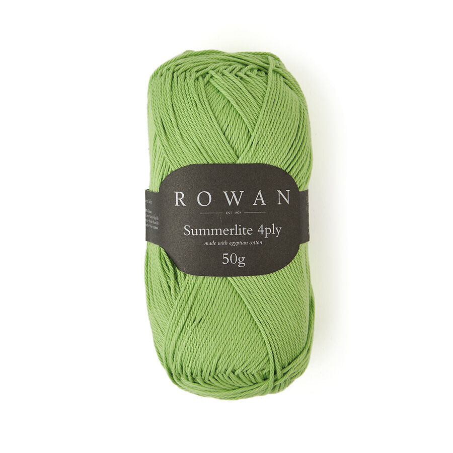 Ball of green apple cotton yarn with a Rowan label