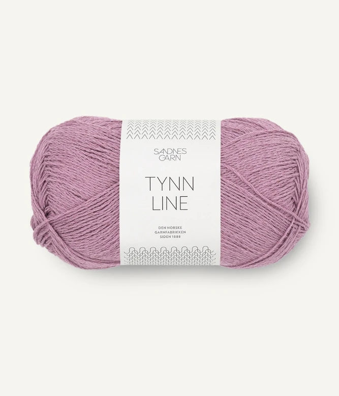 A ball of dusty pink cotton/linen/viscose yarn labeled 'TYNN LINE' by Sandnes Garn
