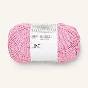 A ball of bright pink coloured cotton/linen/viscose yarn labeled 'Line' by Sandnesgarn