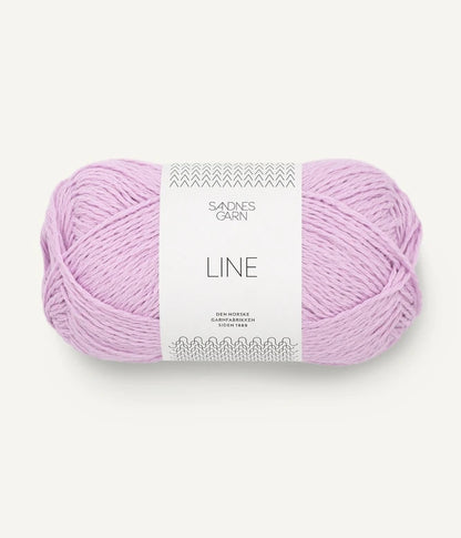 A ball of lilac coloured cotton/linen/viscose yarn labeled 'Line' by Sandnesgarn