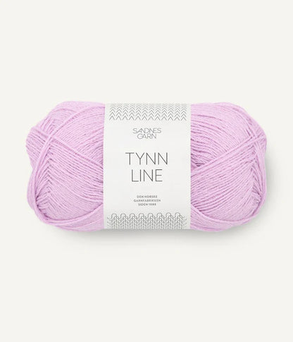 A ball of lilac cotton/linen/viscose yarn labeled 'TYNN LINE' by Sandnes Garn