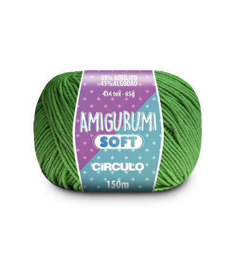A ball of green acrylic and cotton blend yarn labeled 'Amigurumi (Soft)' by Circulo.