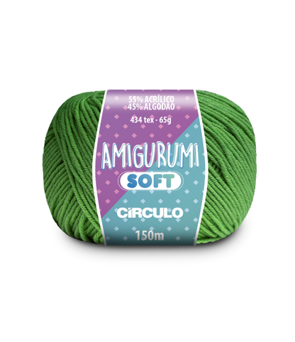 A ball of green acrylic and cotton blend yarn labeled 'Amigurumi (Soft)' by Circulo.