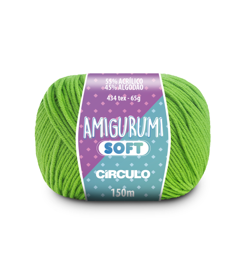 A ball of lime green acrylic and cotton blend yarn labeled 'Amigurumi (Soft)' by Circulo.