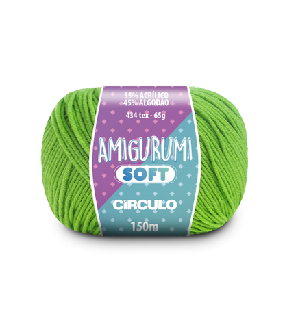 A ball of lime green acrylic and cotton blend yarn labeled 'Amigurumi (Soft)' by Circulo.
