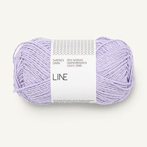 A ball of lavender coloured cotton/linen/viscose yarn labeled 'Line' by Sandnesgarn