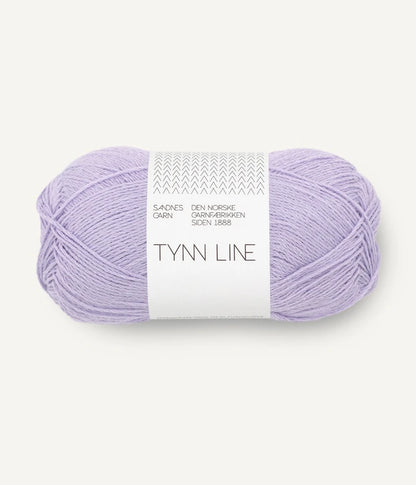 A ball of lavender cotton/linen/viscose yarn labeled 'TYNN LINE' by Sandnes Garn