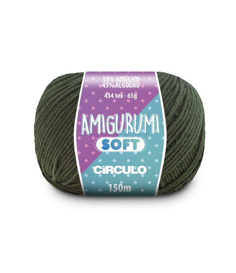 A ball of forest green acrylic and cotton blend yarn labeled 'Amigurumi (Soft)' by Circulo.