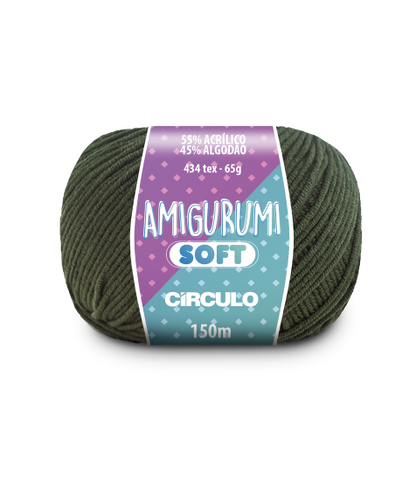 A ball of forest green acrylic and cotton blend yarn labeled 'Amigurumi (Soft)' by Circulo.