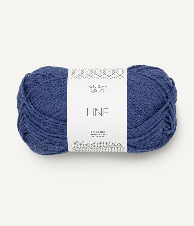 A ball of medium blue coloured cotton/linen/viscose yarn labeled 'Line' by Sandnesgarn