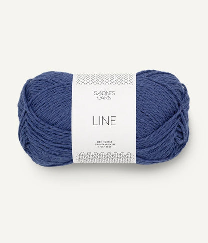 A ball of medium blue coloured cotton/linen/viscose yarn labeled 'Line' by Sandnesgarn