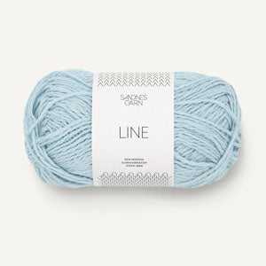 A ball of light blue coloured cotton/linen/viscose yarn labeled 'Line' by Sandnesgarn