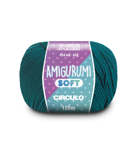A ball of dark teal acrylic and cotton blend yarn labeled 'Amigurumi (Soft)' by Circulo.