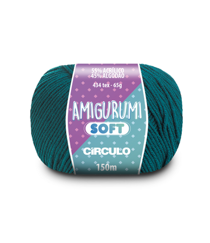 A ball of dark teal acrylic and cotton blend yarn labeled 'Amigurumi (Soft)' by Circulo.