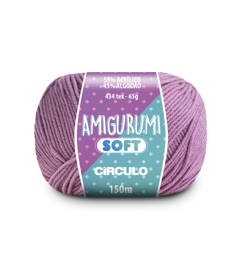 A ball of dark lilac acrylic and cotton blend yarn labeled 'Amigurumi (Soft)' by Circulo.
