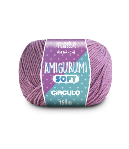 A ball of dark lilac acrylic and cotton blend yarn labeled 'Amigurumi (Soft)' by Circulo.