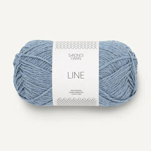 A ball of baby blue coloured cotton/linen/viscose yarn labeled 'Line' by Sandnesgarn