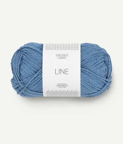 A ball of regatta blue coloured cotton/linen/viscose yarn labeled 'Line' by Sandnesgarn