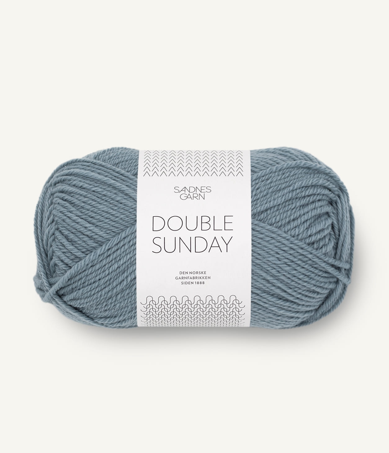 A ball of blue-grey coloured merino wool yarn labeled 'Double Sunday' by Sandnesgarn.