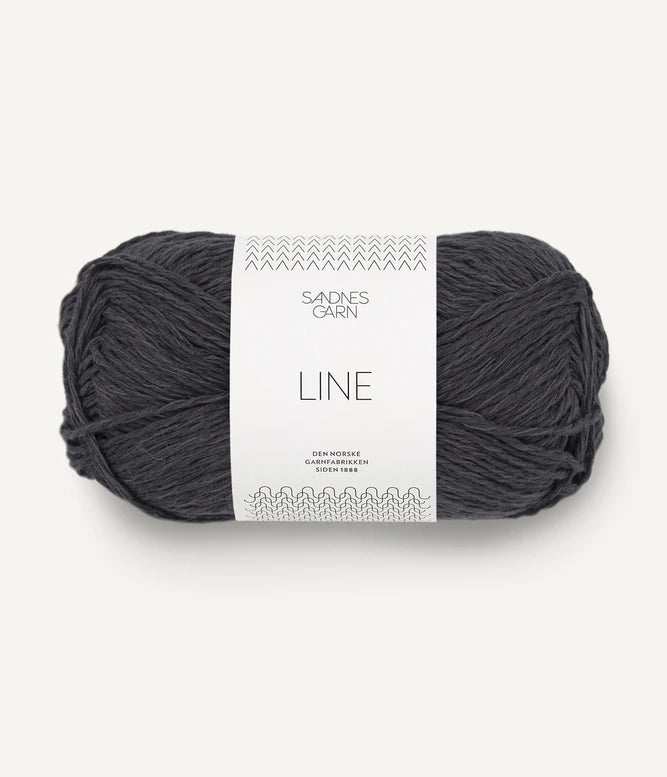 A ball of grey-brown coloured cotton/linen/viscose yarn labeled 'Line' by Sandnesgarn