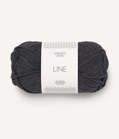 A ball of grey-brown coloured cotton/linen/viscose yarn labeled 'Line' by Sandnesgarn
