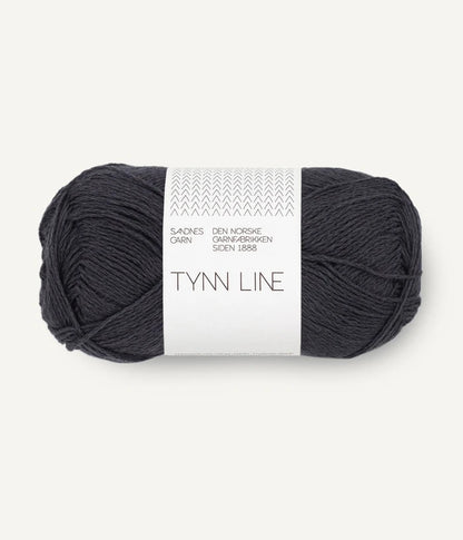 A ball of brown-grey cotton/linen/viscose yarn labeled 'TYNN LINE' by Sandnes Garn