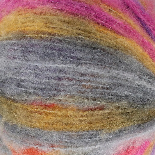 A close-up of acrylic, mohair, polyester, and wool yarn in gray, mustard yellow, pink, orange, and purple