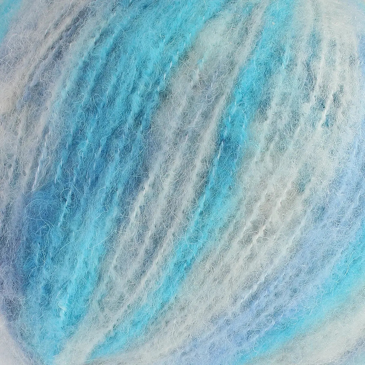 A close-up of acrylic, mohair, polyester, and wool yarn in light blue, aqua, and white colours