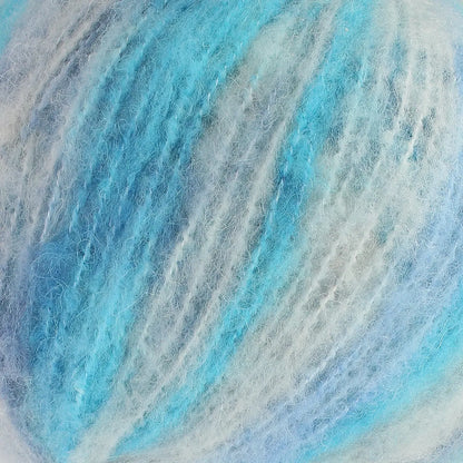 A close-up of acrylic, mohair, polyester, and wool yarn in light blue, aqua, and white colours