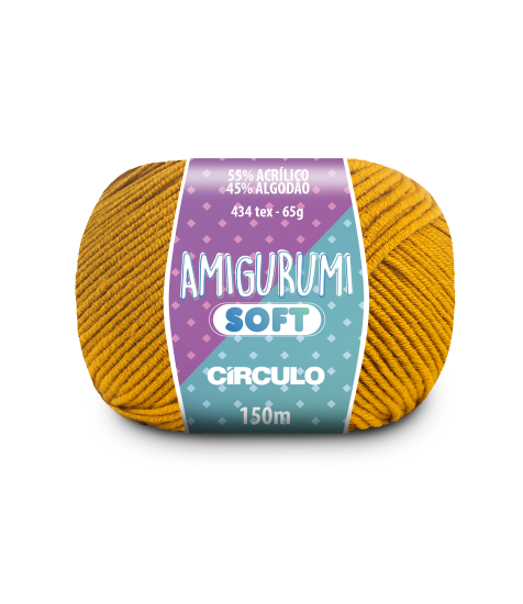 A ball of mustard yellow acrylic and cotton blend yarn labeled 'Amigurumi (Soft)' by Circulo.