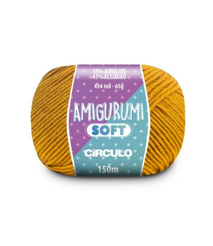 A ball of mustard yellow acrylic and cotton blend yarn labeled 'Amigurumi (Soft)' by Circulo.