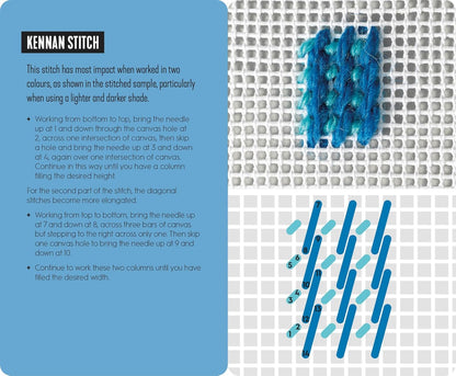Textile sample with Kennan stitch demonstration on a grid background