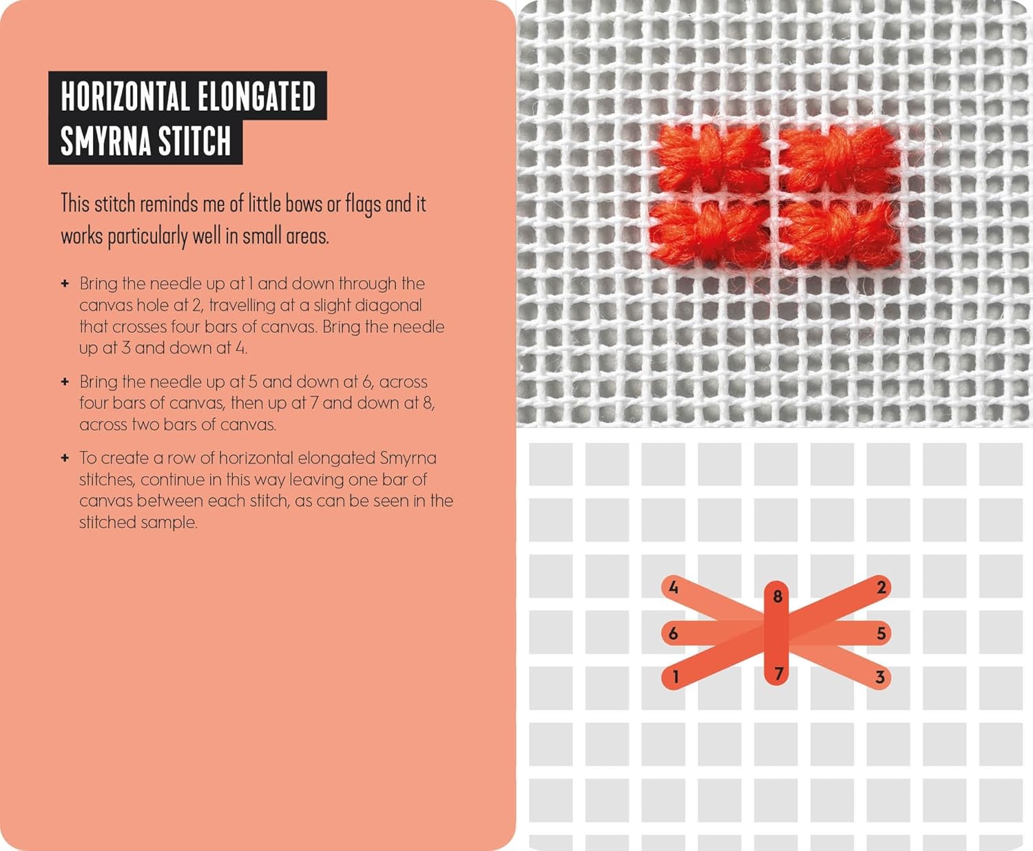 Textbook page with embroidery stitch instructions and a sample of the Horizontal Elongated Smyrna Stitch.