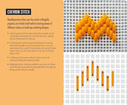 Chevron stitch pattern with text explaining the technique on a grid background