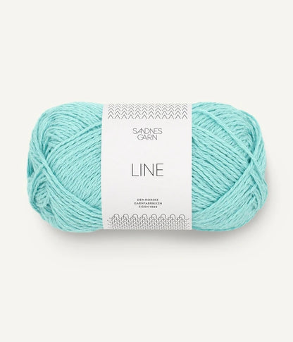 A ball of turquoise coloured cotton/linen/viscose yarn labeled 'Line' by Sandnesgarn