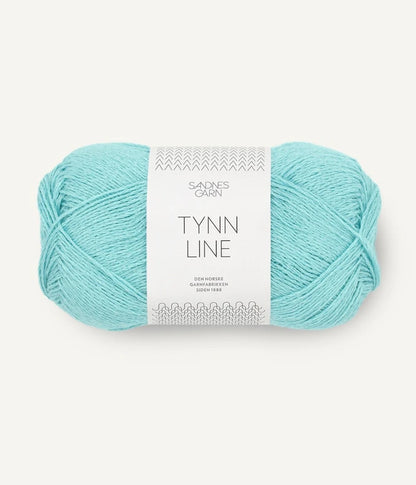 A ball of turquoise cotton/linen/viscose yarn labeled 'TYNN LINE' by Sandnes Garn