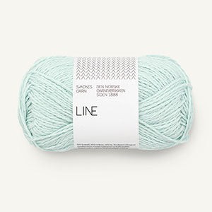 A ball of mint green coloured cotton/linen/viscose yarn labeled 'Line' by Sandnesgarn