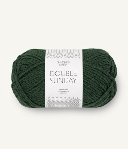 A ball of green coloured merino wool yarn labeled 'Double Sunday' by Sandnesgarn.